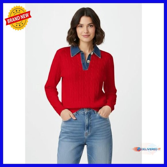 Denim Lapel V-Neck Cable Knit Pullover Sweater Long Sleeve Loose Fit - Picture 4 of 8